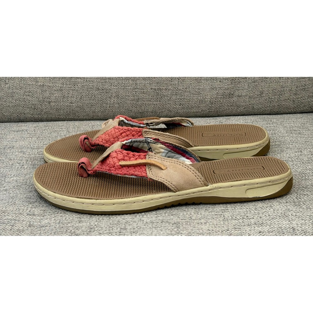 Sperry Top-Sider Womens sz 6M Coral Pink Woven Leather Flip Flop Sandals Coastal